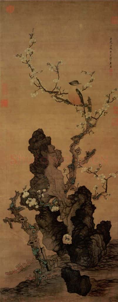 1649 陈洪绶《梅花山鸟图轴》书画作品