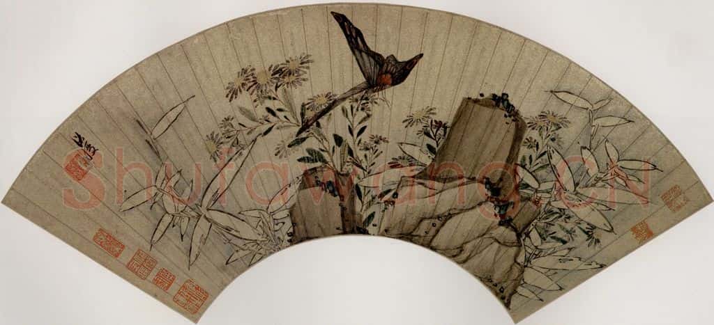 1649 陈洪绶《蝶菊竹石图扇》书画作品