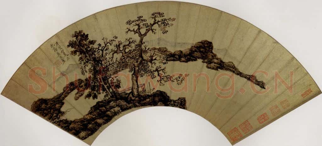 1650 陈洪绶《秋林晚泊图扇》书画作品