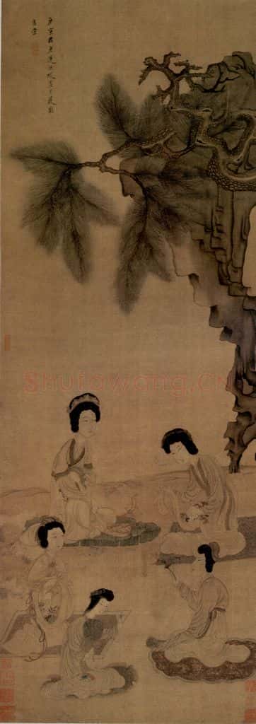 1650 陈洪绶《鬭草图轴》书画作品