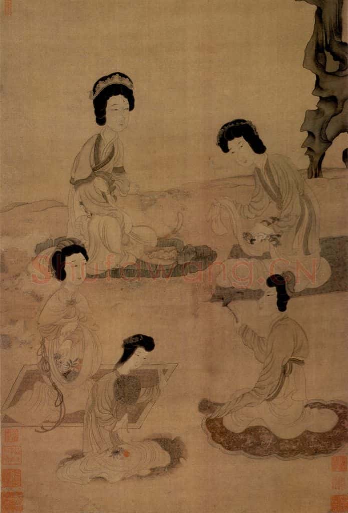 1650 陈洪绶《鬭草图轴》书画作品