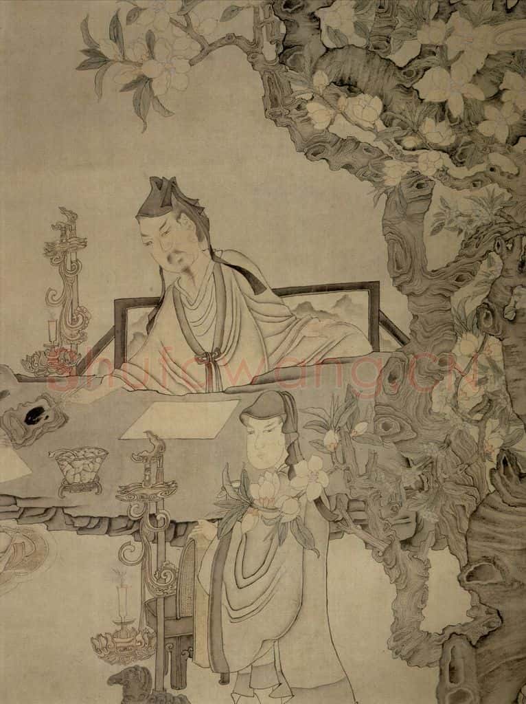 1650 陈洪绶《李白宴桃李园图轴》书画作品