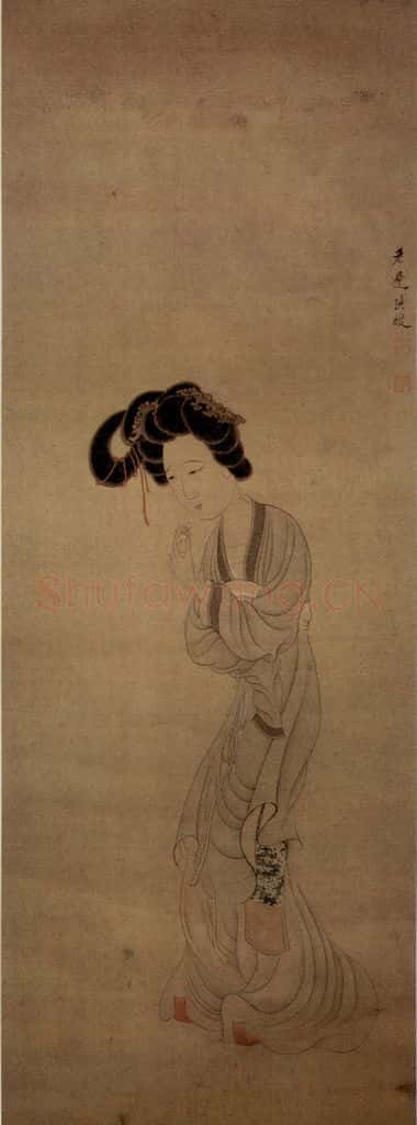 1650 陈洪绶《扑蝶仕女图轴》书画作品