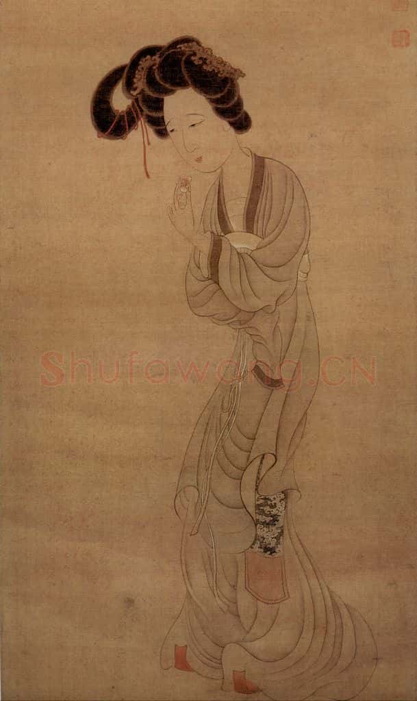 1650 陈洪绶《扑蝶仕女图轴》书画作品
