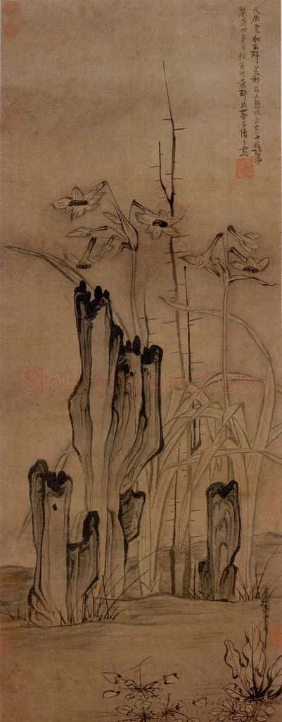 1628年 陈洪绶《水仙湖石图轴》书画作品