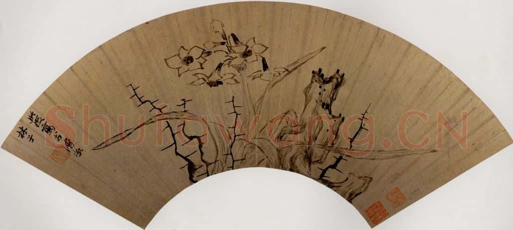 1630年 陈洪绶《水仙湖石图扇》书画作品