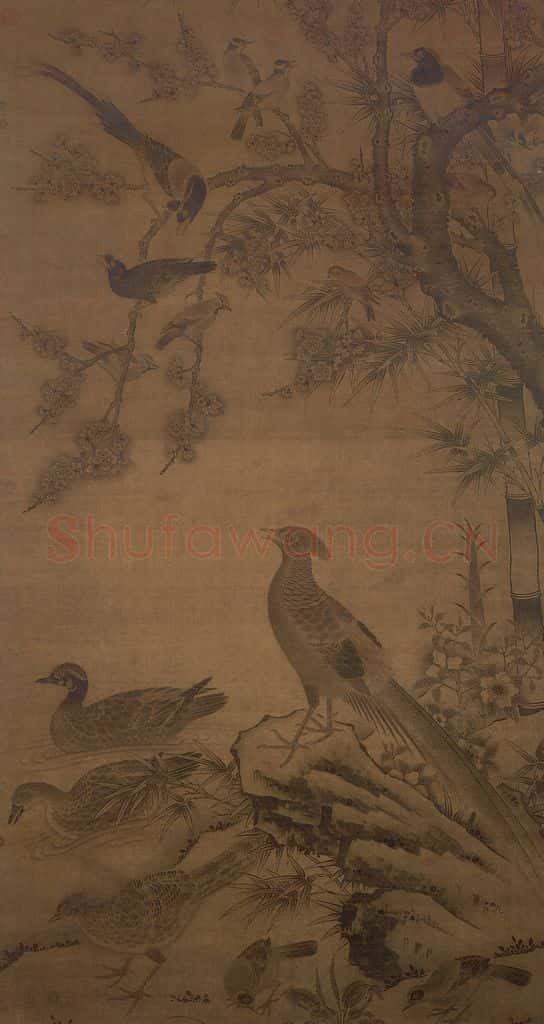 明 边景昭《杏竹椿禽图轴》书画作品
