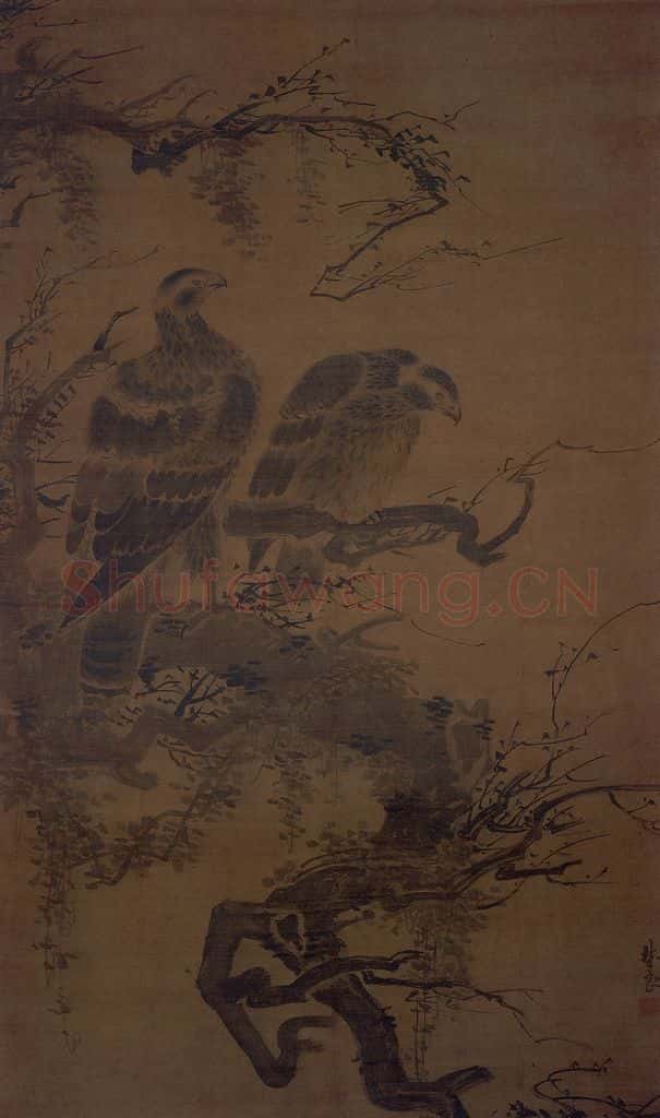 明 林良《双鹰图轴》书画作品