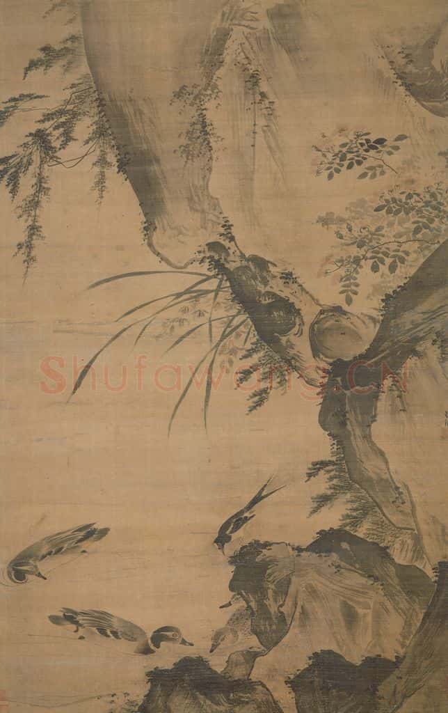 明 吕纪《浴凫图轴》书画作品