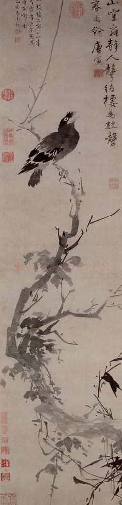 明 唐寅《古槎鸜鹆图轴》书画作品