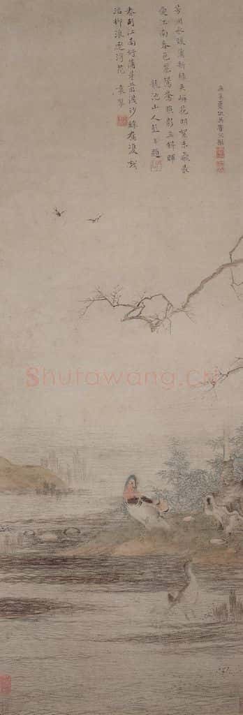 明 仇英《沙汀鸳鸯图轴》书画作品