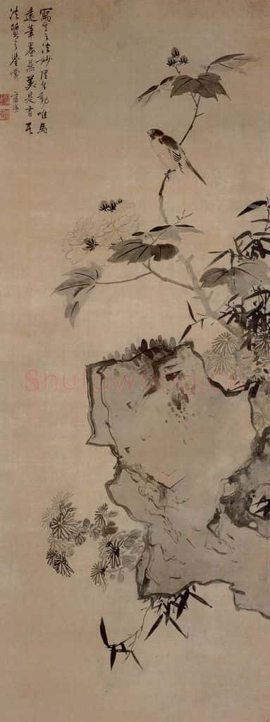 明 蓝瑛《拒霜秋鸟图轴》书画作品