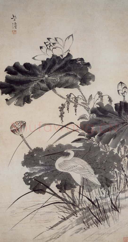 明 魏学濂《荷花鹭鶿图轴》书画作品