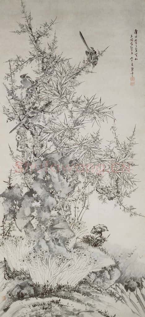 清 陈嘉言《竹石梅鹤图轴》书画作品