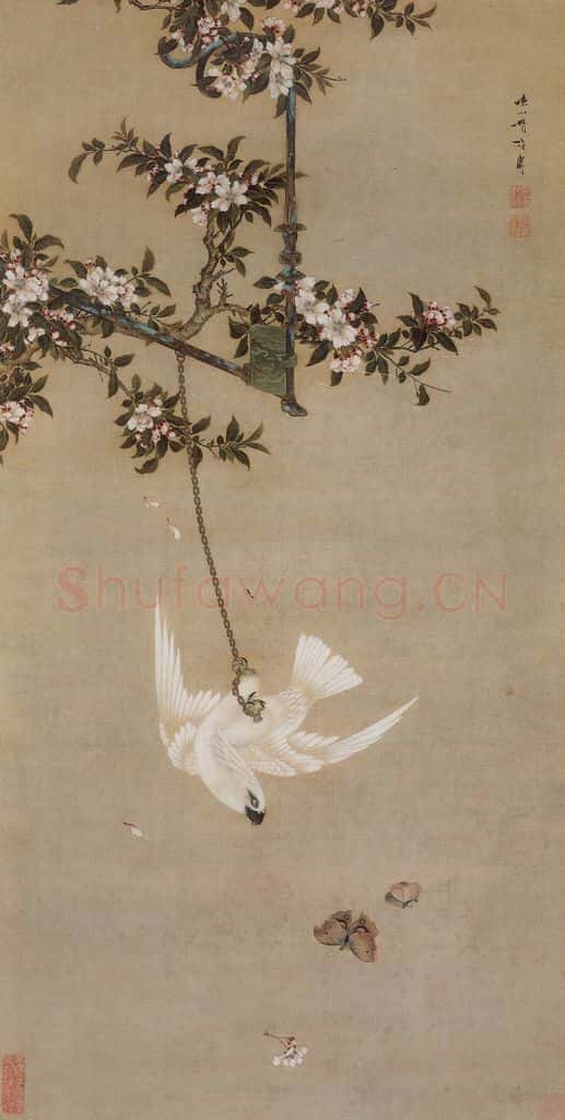 清 胡湄《鹦鹉戏蝶图轴》书画作品