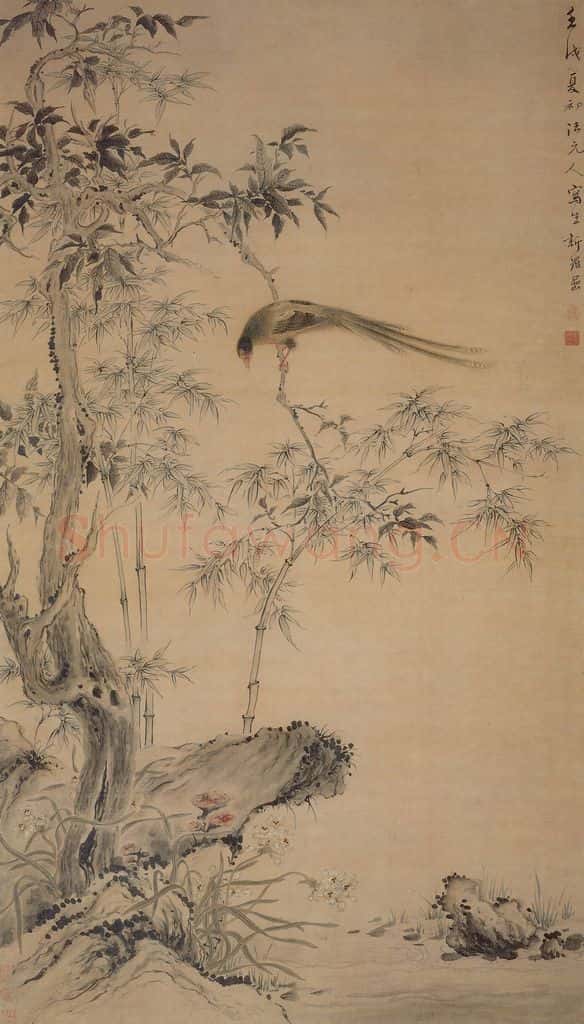 清 华喦《桂树绶带图轴》书画作品