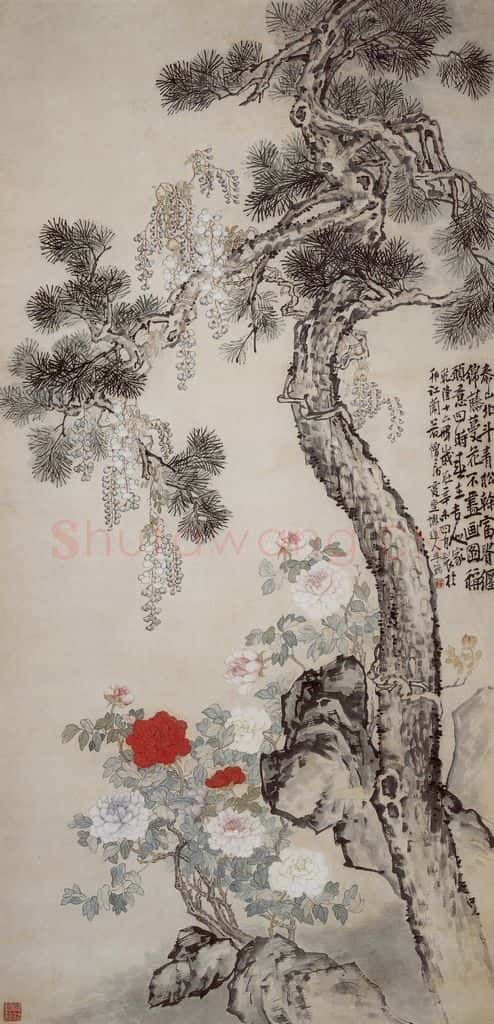 清 李鱓《松石紫藤图轴》书画作品