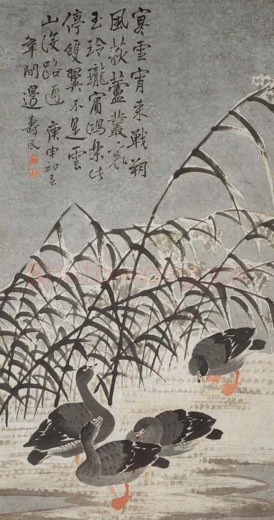 清 边寿民《芦鹰图轴》书画作品