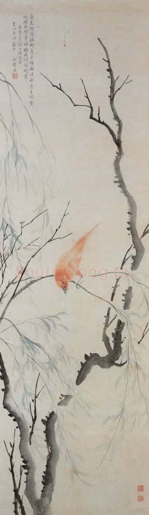 清 金礼嬴《杨柳鸣禽图轴》书画作品