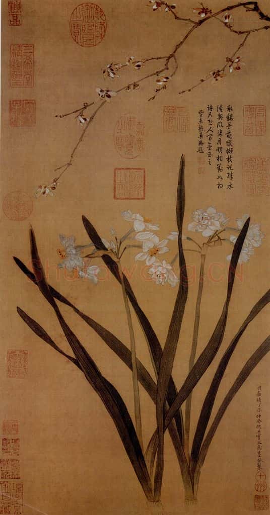 仇英《水仙腊梅图》书画作品