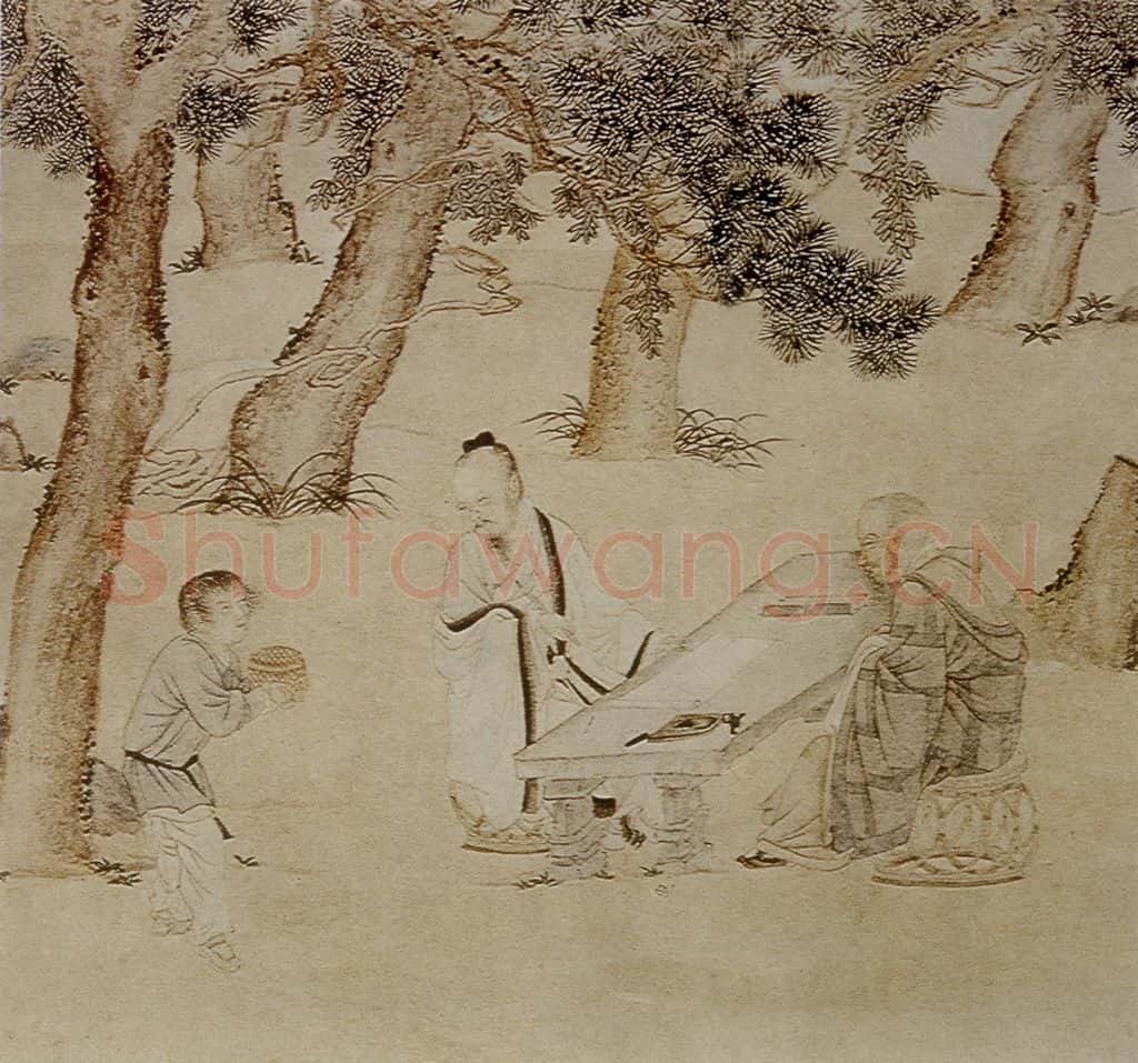 仇英《赵孟頫写经换茶图》书画作品