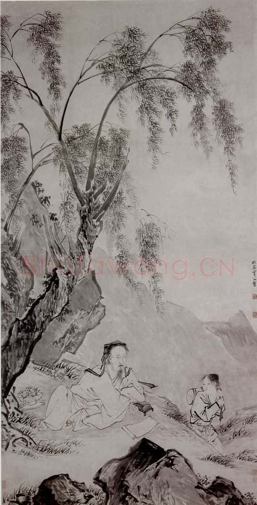 仇英《柳下眠琴图》书画作品