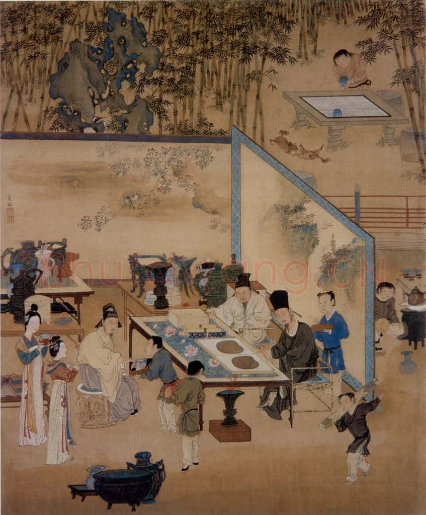 仇英《竹院品古图》书画作品