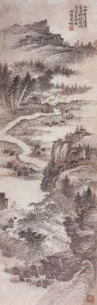 1939年 萧谦中《溪流过桥图》书画作品