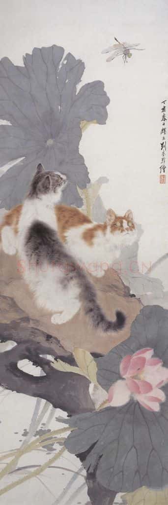 1947年 刘奎龄《荷塘双猫图》书画作品