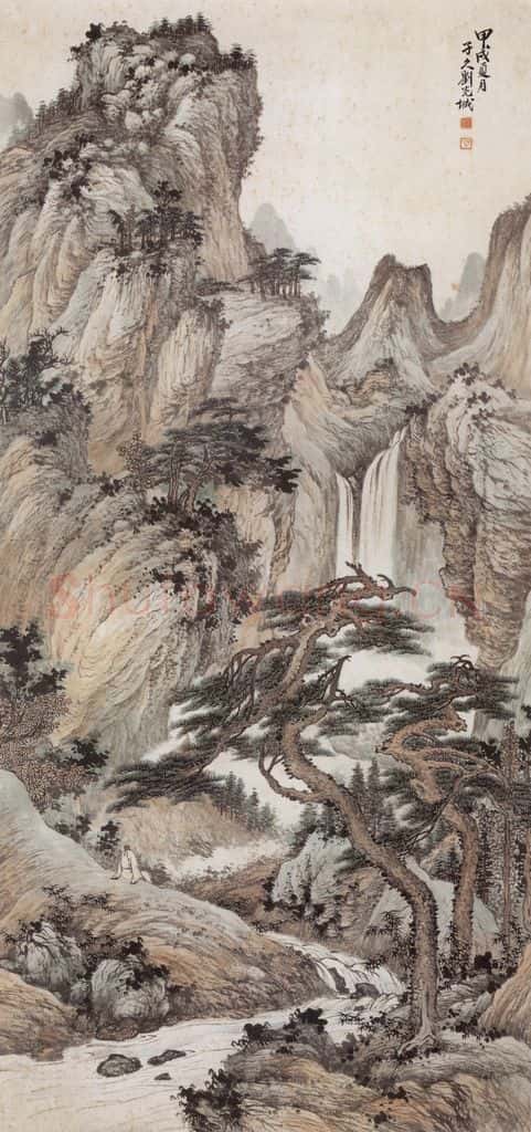 1934年 刘子久《松荫观瀑》书画作品