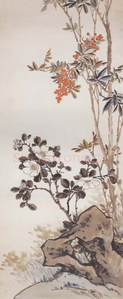 刘子久《天竹茶花图》书画作品