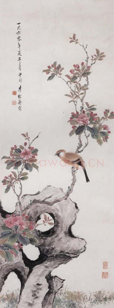 1960年 李鹤筹《海棠小鸟》书画作品