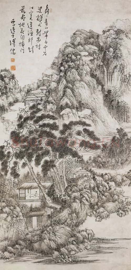 溥心畲《青山茅屋图》书画作品