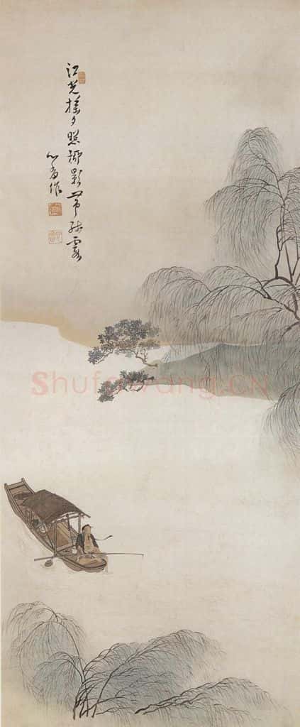 溥心畲《夕照残霞》书画作品