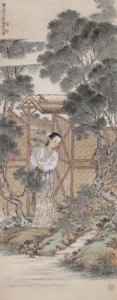 徐燕荪《柴门仕女》书画作品