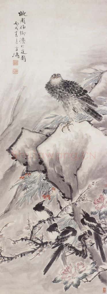 1946年 王雪涛《喜鹊苍鹰》书画作品