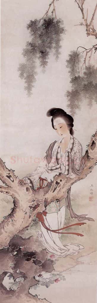 王叔晖《倚柳观池》书画作品