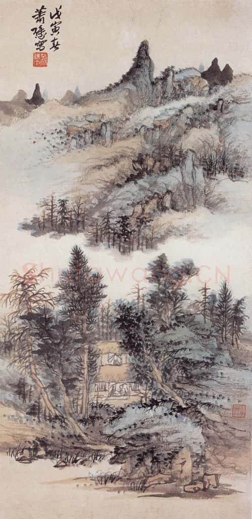 1938年 萧谦中《山林读意图》书画作品