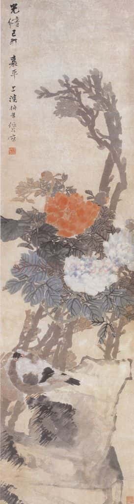 1879年 任伯年 牡丹鹁鸽图 书画作品