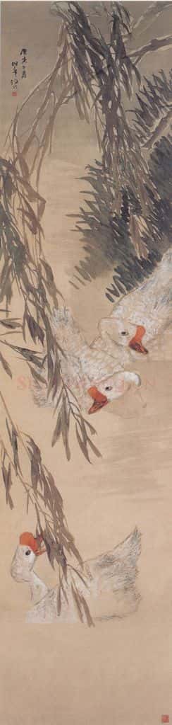 1890年 任伯年 柳塘戏鹅 书画作品
