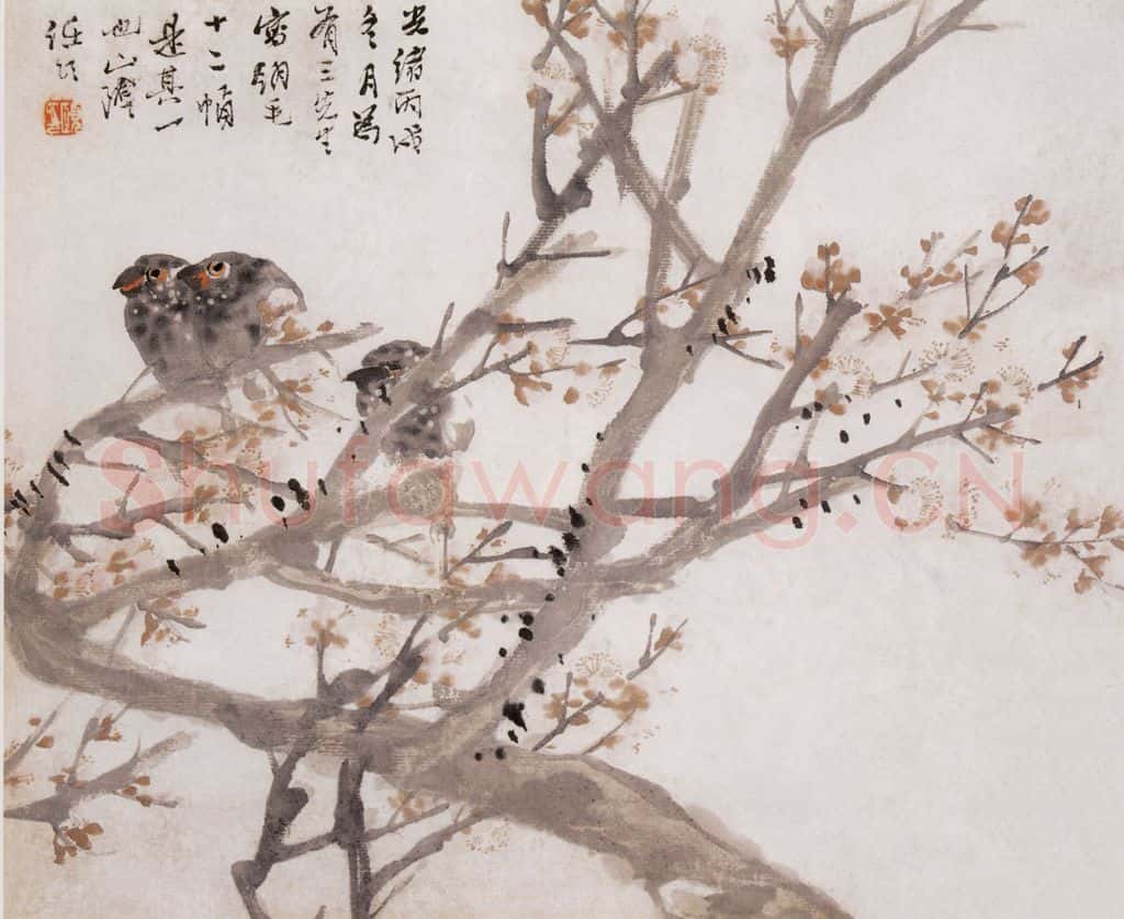 1886年 任伯年 雪雀寒梅图 书画作品