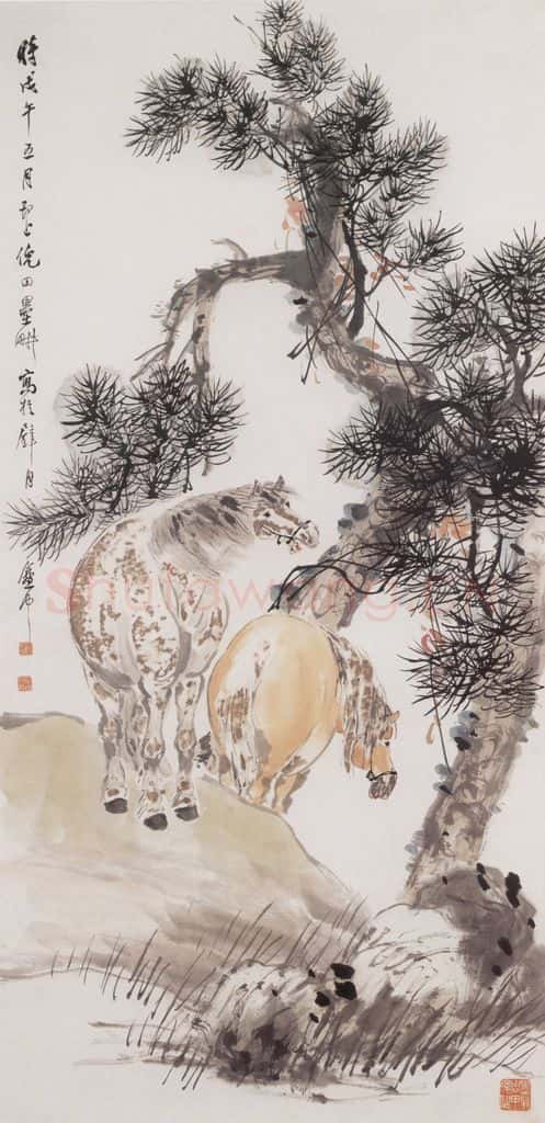 1918年 倪田 双松嘶马图 书画作品