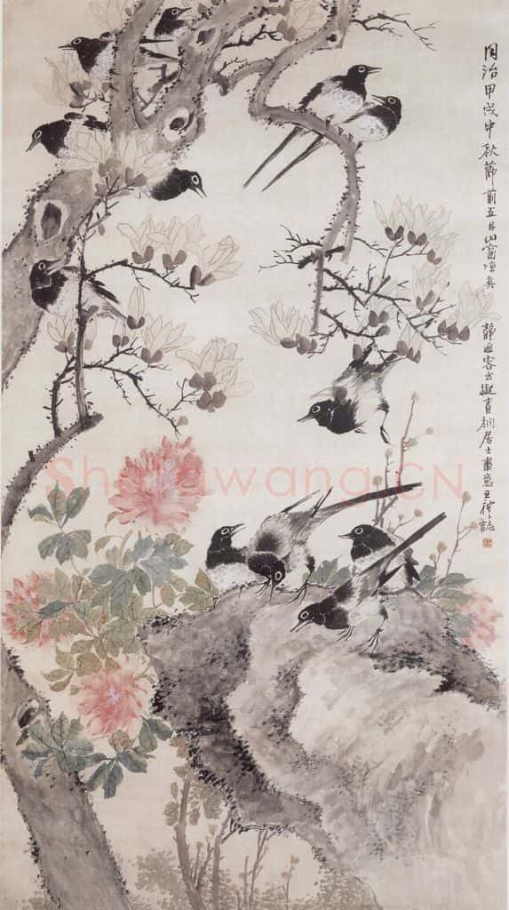 1874年 王礼 花卉鹊雀图 书画作品