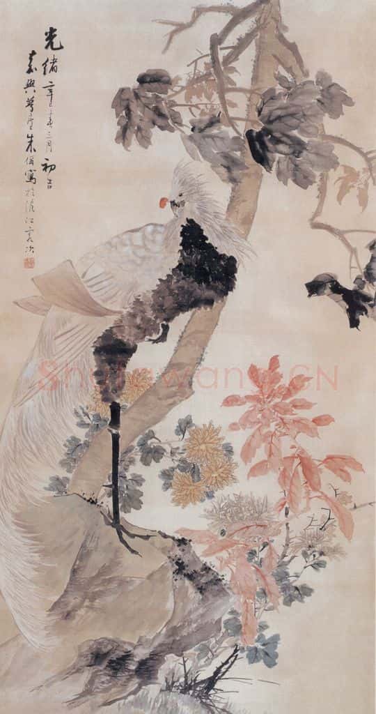 1881年 朱偁 秋梧栖凤 书画作品