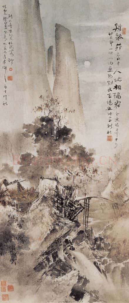 1918 高剑父《鸡声茅店月》书画作品