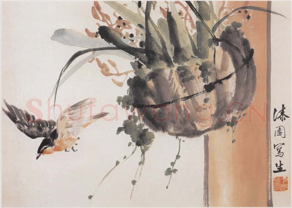 何漆园《花鸟草丛册页》书画作品