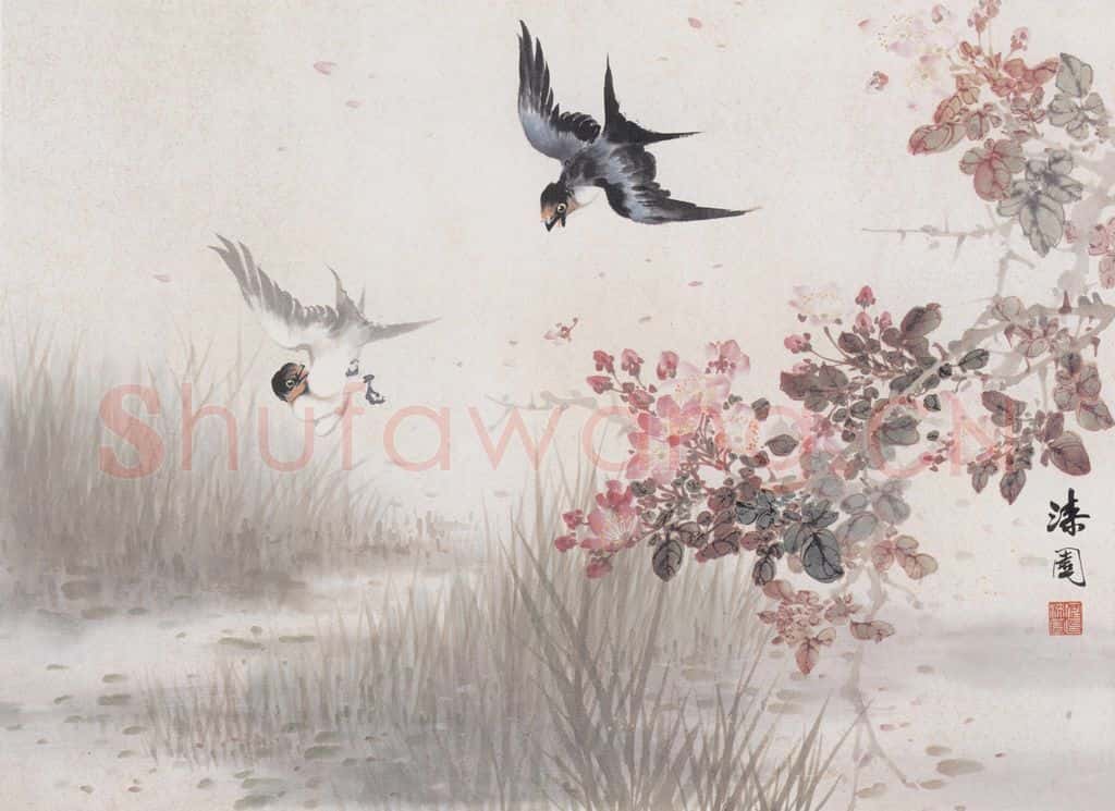 何漆园《梨花双燕》书画作品