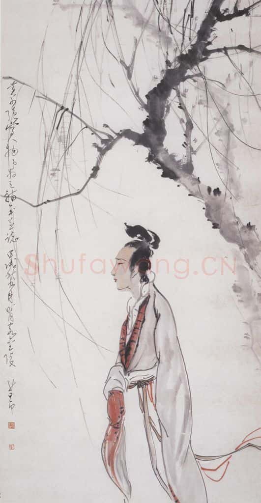 1934 黄少强 赵少昂《柳下佳人》书画作品
