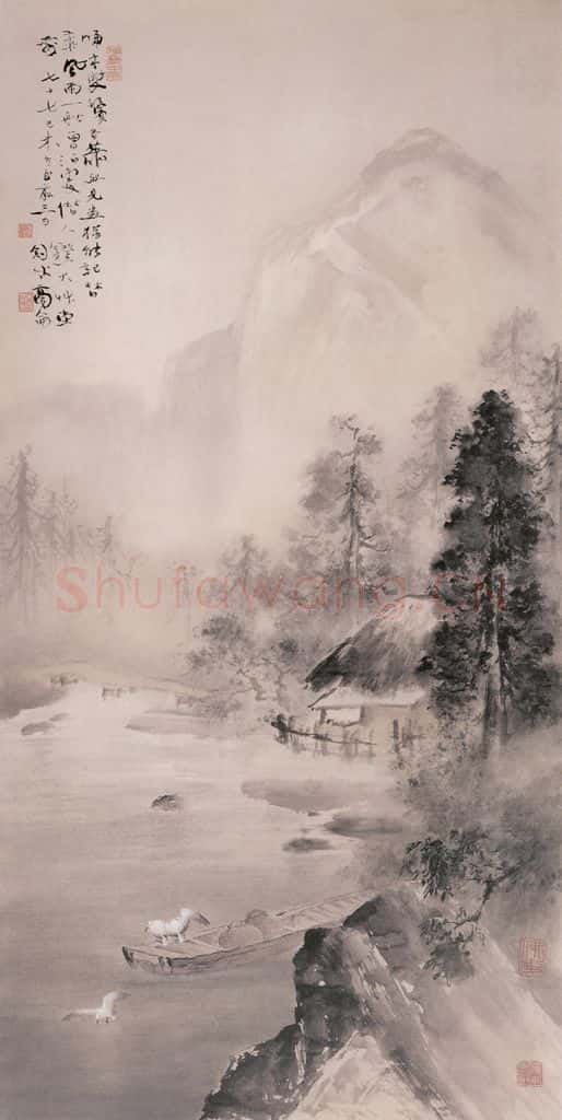 1919 高剑父《草堂渔艇图》书画作品