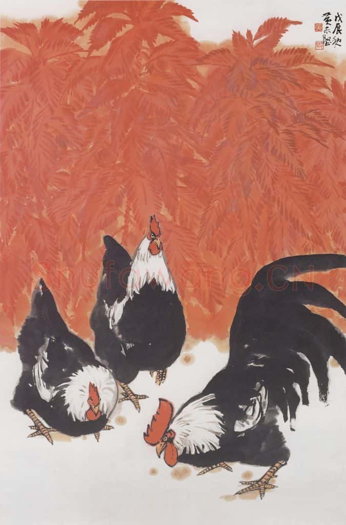 1988 黄志坚《红叶群鸡》书画作品